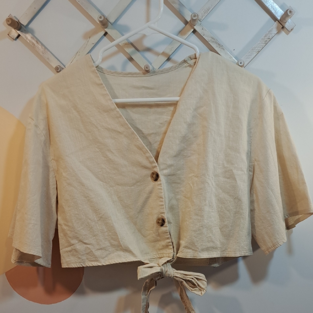Chic Beige Button-Down Tie-Front Shirt